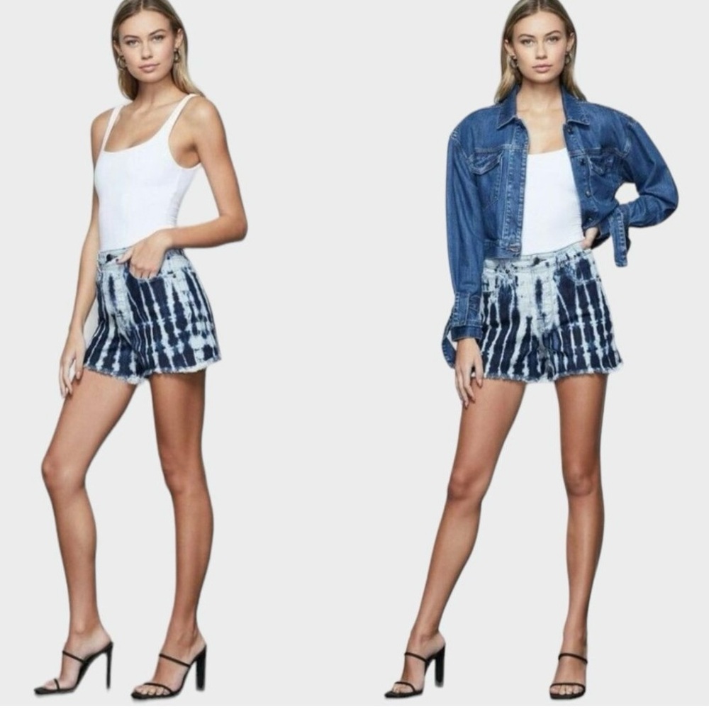 Good American 14 (32) High Waist Tie Dye Denim Raw Hem Women’s Shorts Stretch